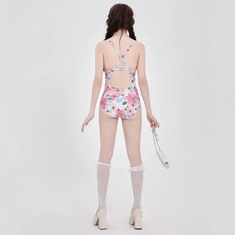 Cute Flora Printed Pink One Piece Backless Swimsuit Young Girl Bodycon Swimwear Bathing Suit Women Professional Racing Swimsuit - Real Group