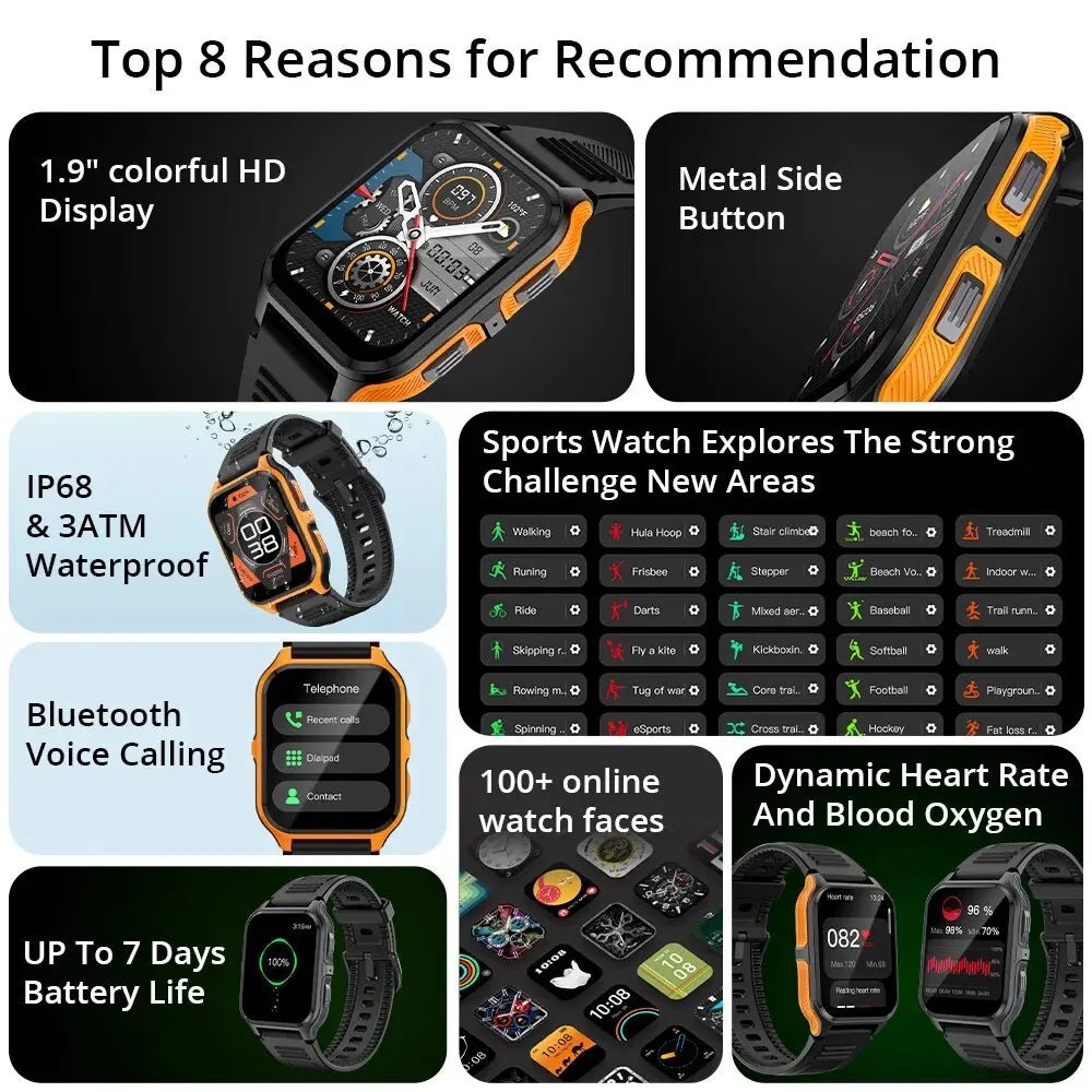 Outdoor Military Smart Watch – 1.9" Bluetooth Call Fitness Tracker - Realgroupuae
