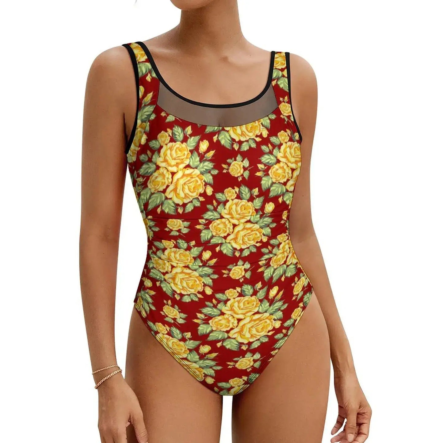 Pink Rose Floral Swimsuit Flowers Print Swimwear One Piece Beach Swimsuits Backless Bathing Suits Woman Push Up Sexy Beach Wear - Real Group