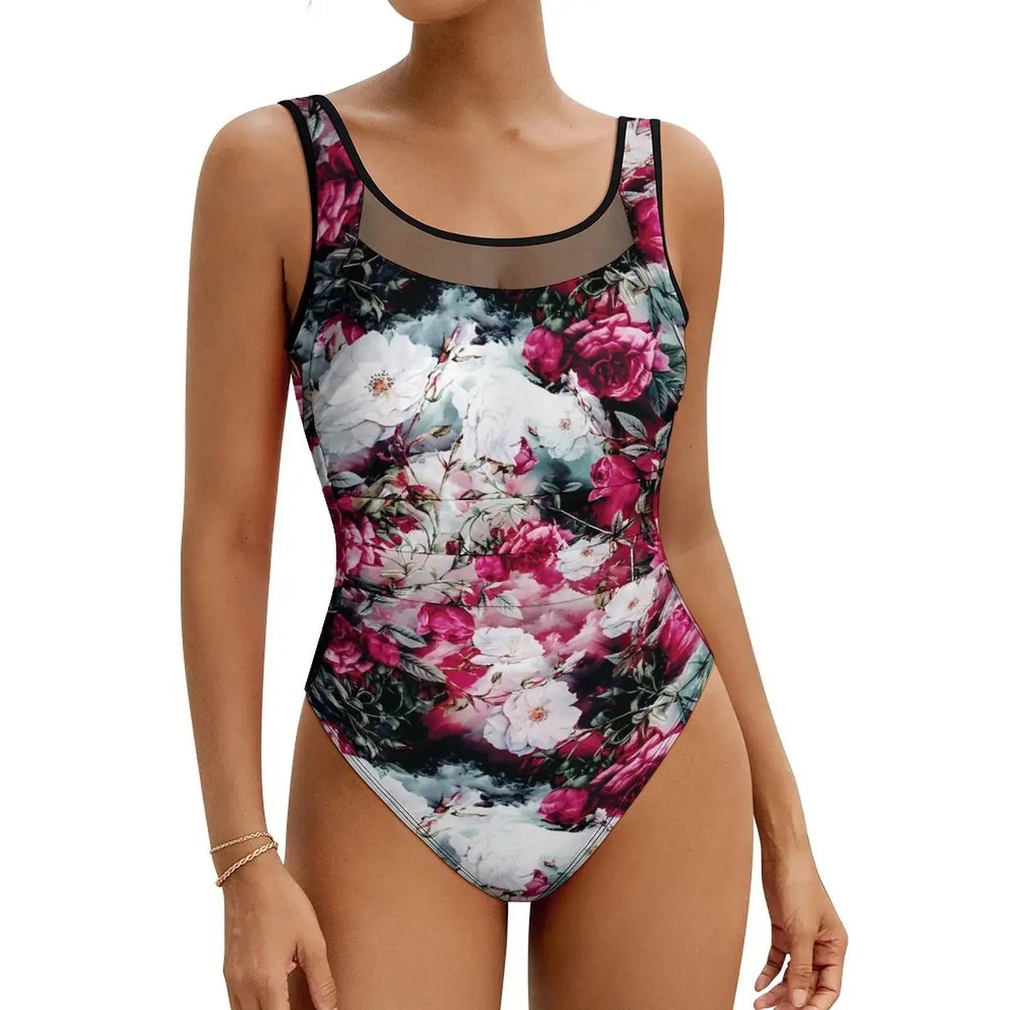 Pink Rose Floral Swimsuit Flowers Print Swimwear One Piece Beach Swimsuits Backless Bathing Suits Woman Push Up Sexy Beach Wear - Real Group