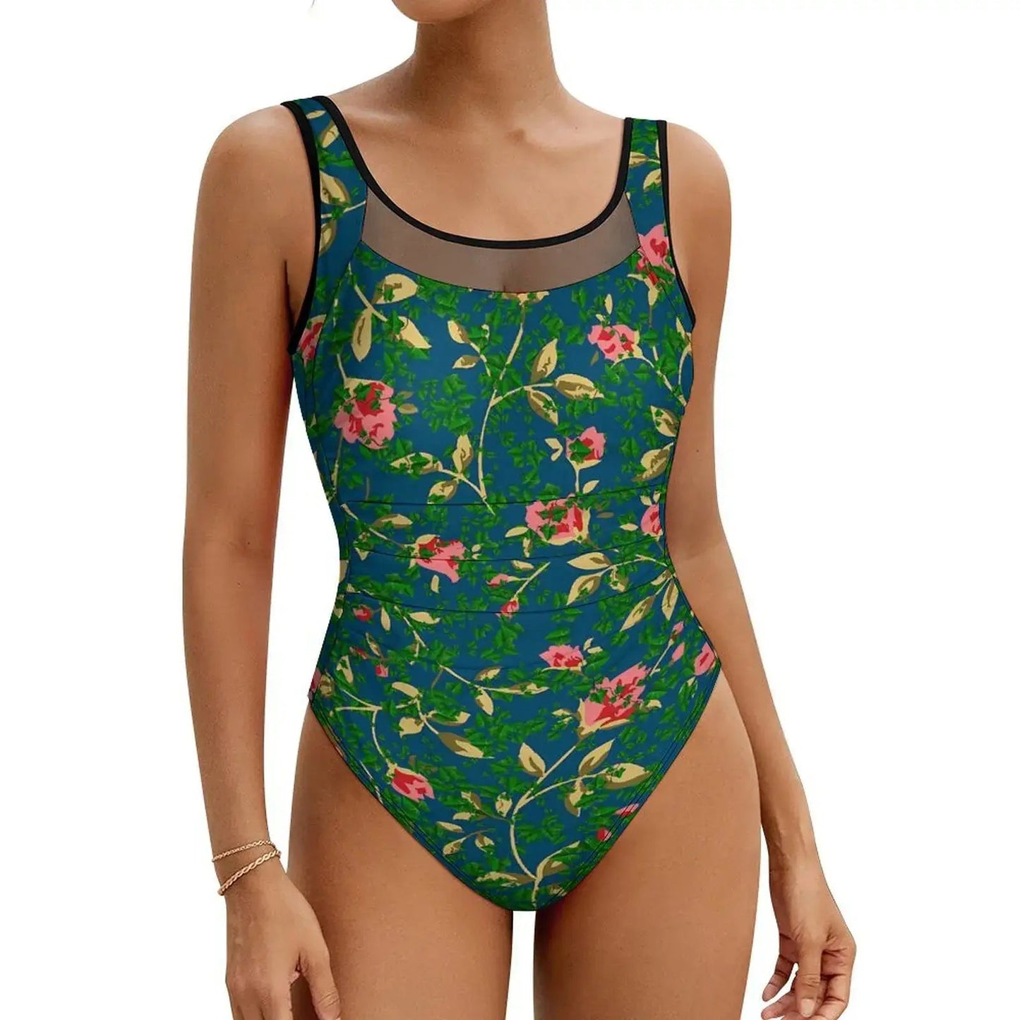 Pink Rose Floral Swimsuit Flowers Print Swimwear One Piece Beach Swimsuits Backless Bathing Suits Woman Push Up Sexy Beach Wear - Real Group