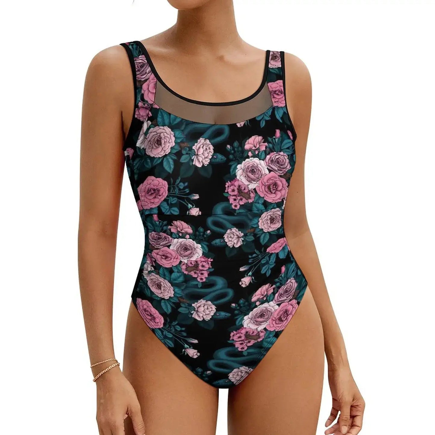 Pink Rose Floral Swimsuit Flowers Print Swimwear One Piece Beach Swimsuits Backless Bathing Suits Woman Push Up Sexy Beach Wear - Real Group