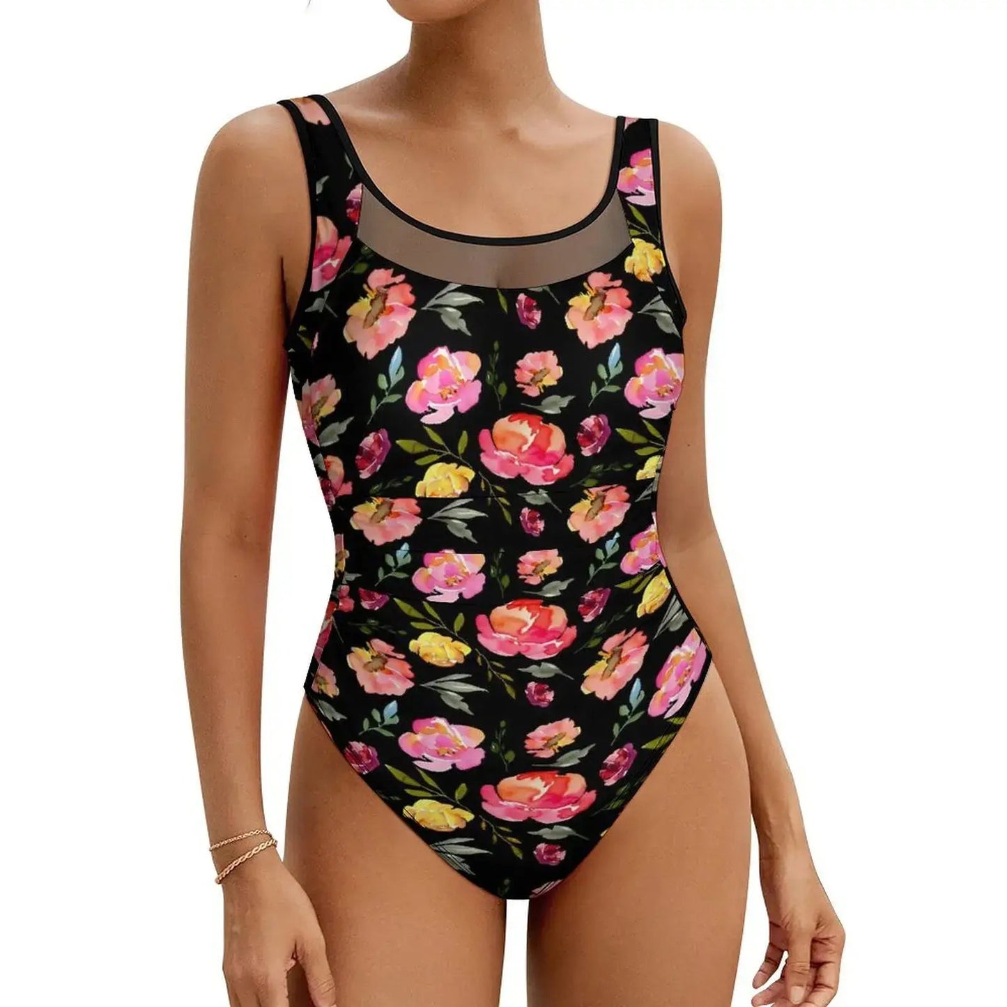 Pink Rose Floral Swimsuit Flowers Print Swimwear One Piece Beach Swimsuits Backless Bathing Suits Woman Push Up Sexy Beach Wear - Real Group