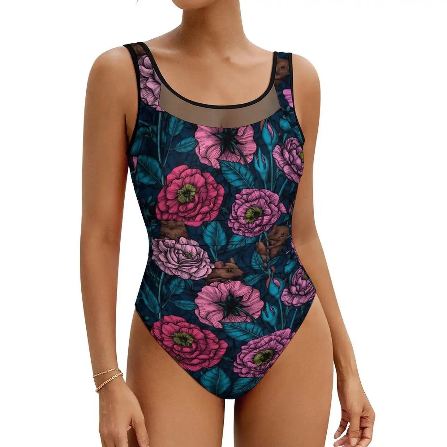 Pink Rose Floral Swimsuit Flowers Print Swimwear One Piece Beach Swimsuits Backless Bathing Suits Woman Push Up Sexy Beach Wear - Real Group