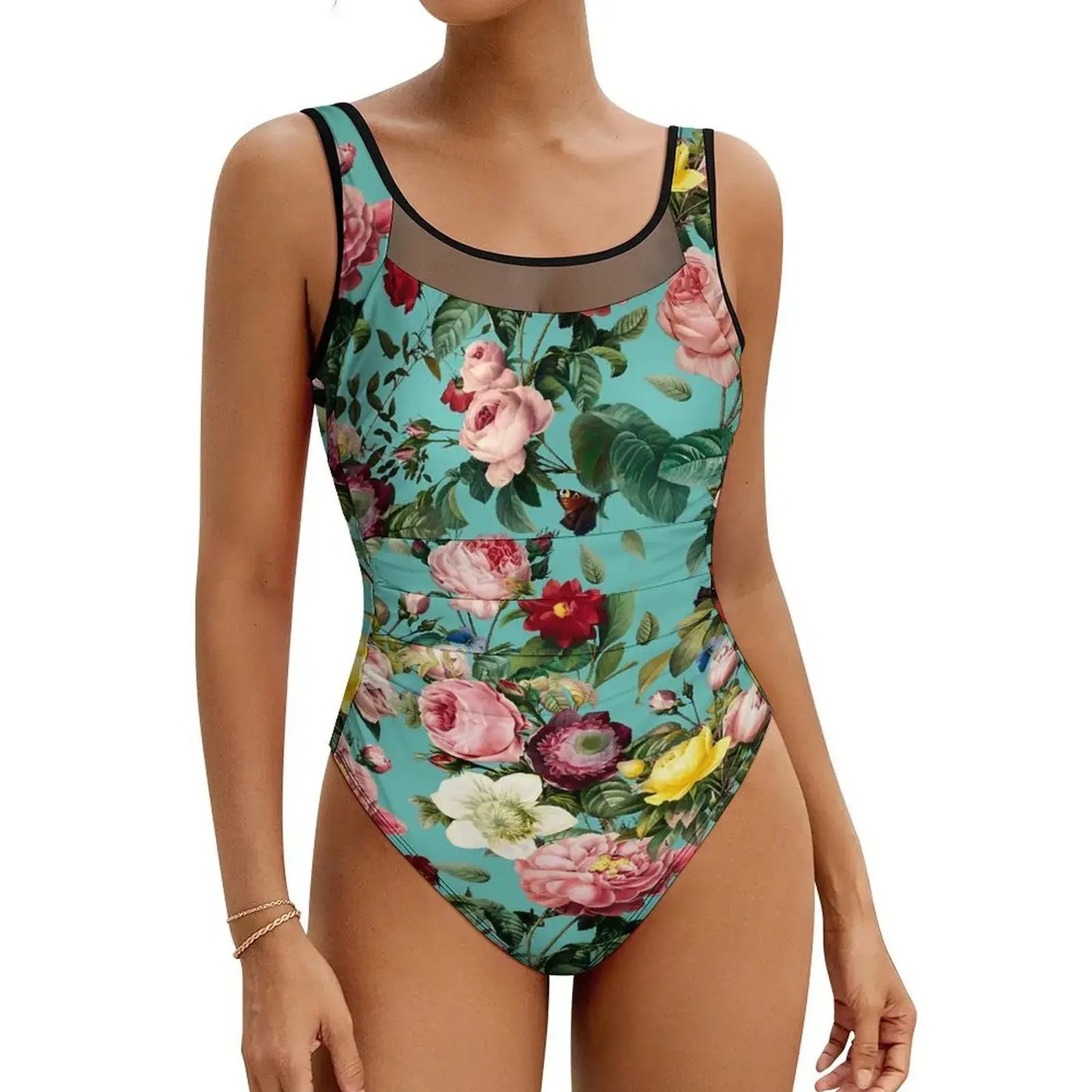 Pink Rose Floral Swimsuit Flowers Print Swimwear One Piece Beach Swimsuits Backless Bathing Suits Woman Push Up Sexy Beach Wear - Real Group