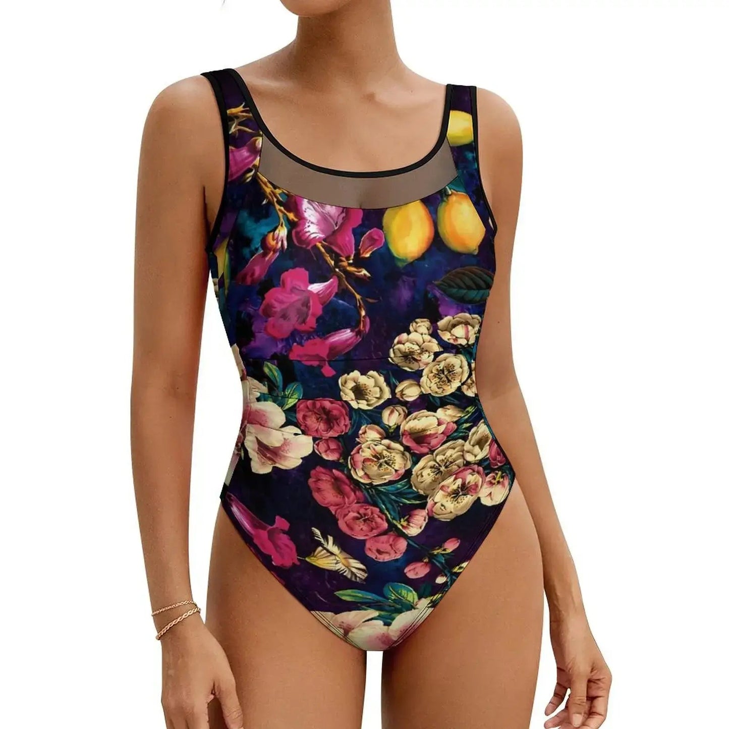 Pink Rose Floral Swimsuit Flowers Print Swimwear One Piece Beach Swimsuits Backless Bathing Suits Woman Push Up Sexy Beach Wear - Real Group