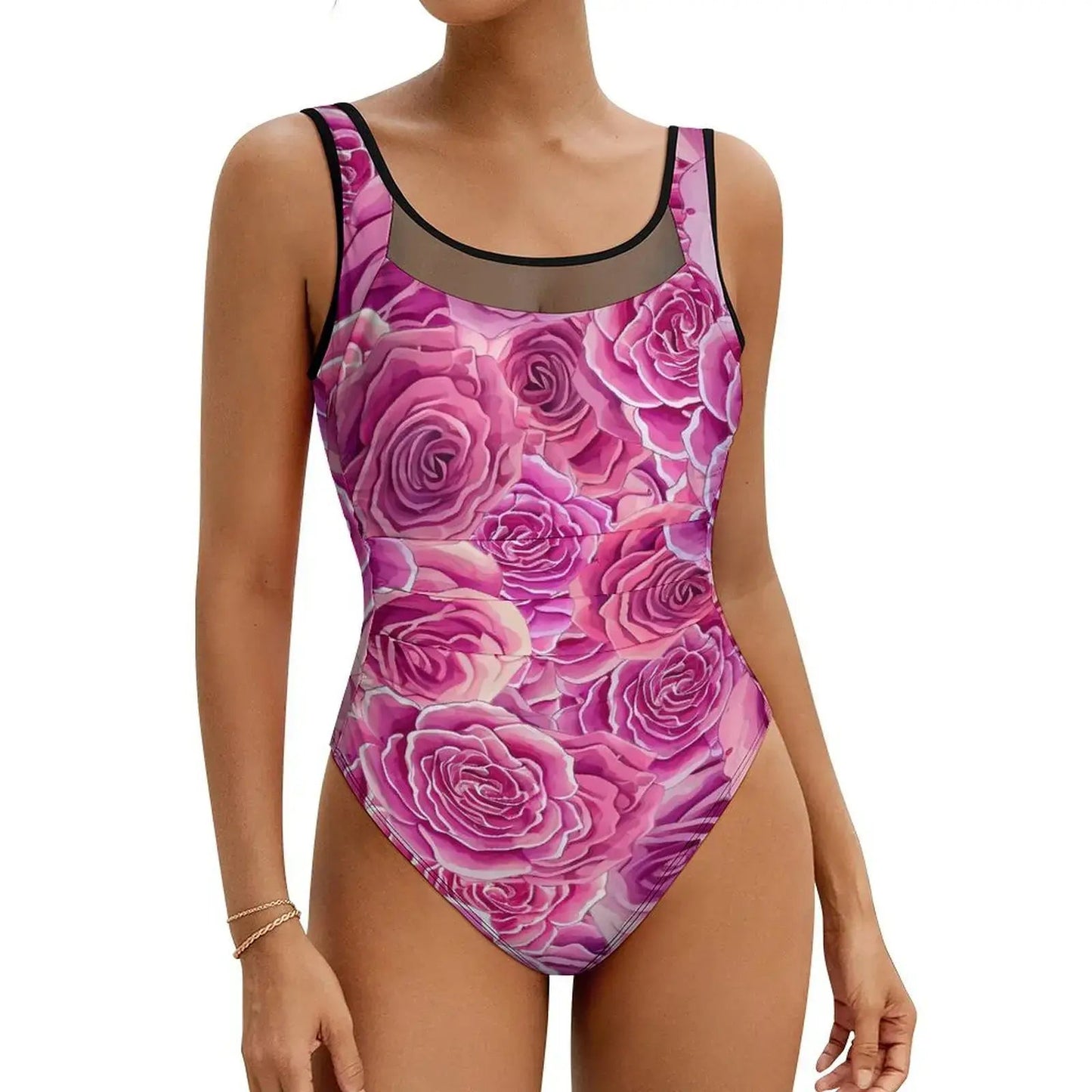 Pink Rose Floral Swimsuit Flowers Print Swimwear One Piece Beach Swimsuits Backless Bathing Suits Woman Push Up Sexy Beach Wear - Real Group