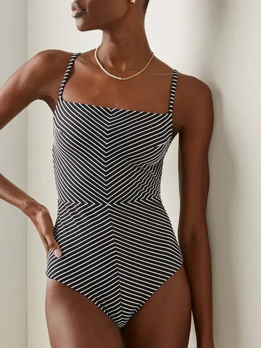 2023 Women's New Black and White Striped Skinny Bandeau Back Hollow Out Sexy Fashion Swimwear Bikini and Tie Cover Up - Real Group