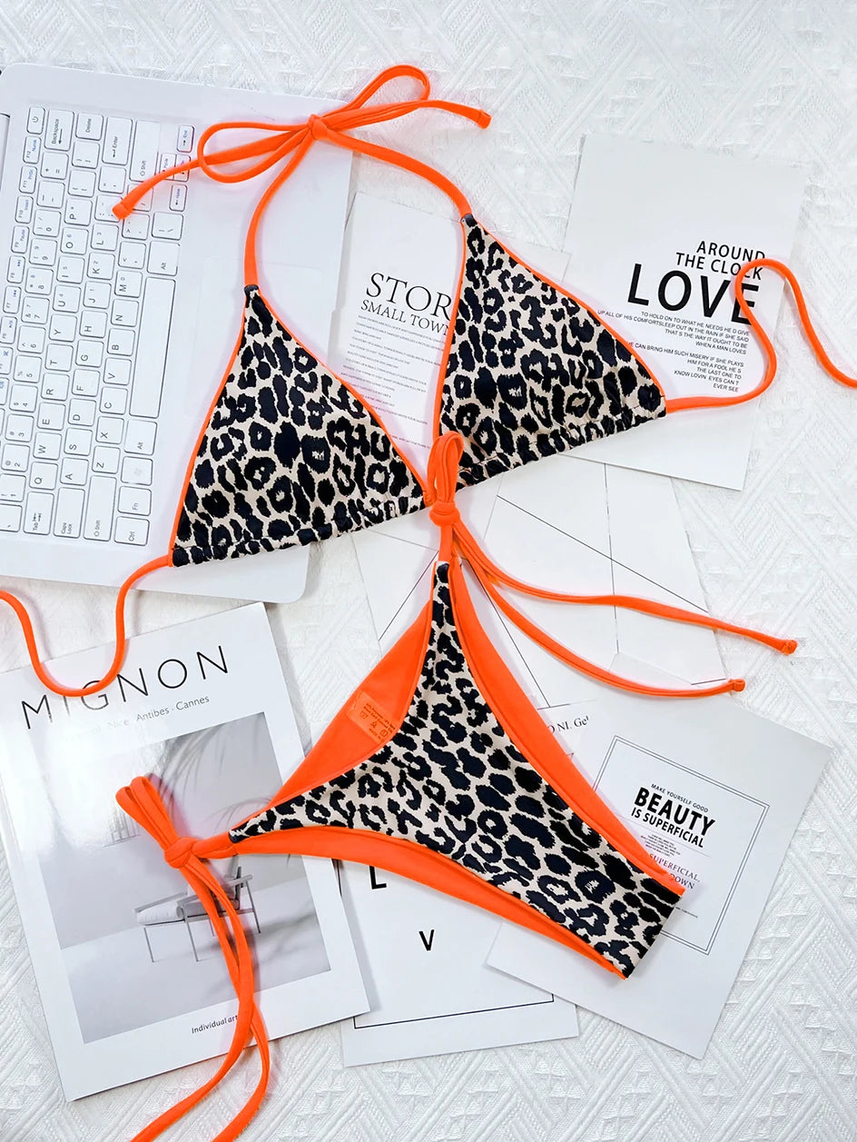 Sexy Leopard Micro Bikini 2024 Women Swimsuit Female Swimwear Thong Bikinis Set Brazilian Halter Beach Wear Lace Up Bathing Suit