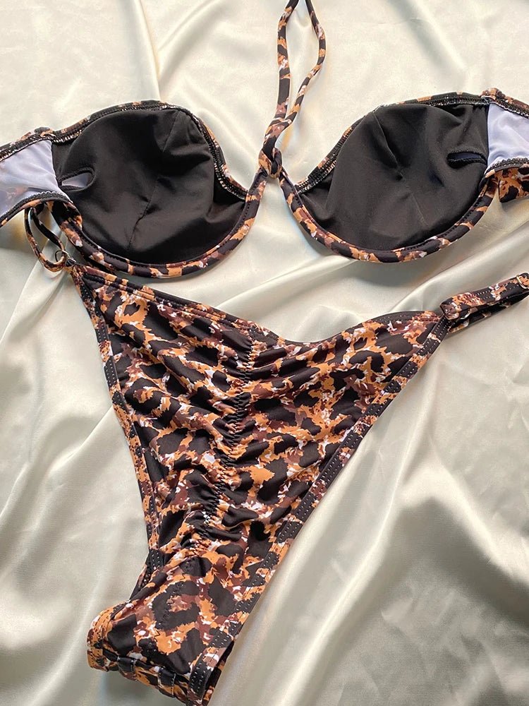 COOBBU Halter CUP Swimwear Sexy Bikinis Patchwork Swimsuit Women Bathing Suit Leopard Bikini Sets Solid Beachwear Biquini - Real Group