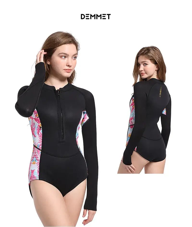 HOT Woman Diving Bikin Suit 1.5mm/3MM Neoprene Wetsuit Equipment Pink Long Sleeve Bikini Women Korean Printing Swimwear 2XL - Real Group