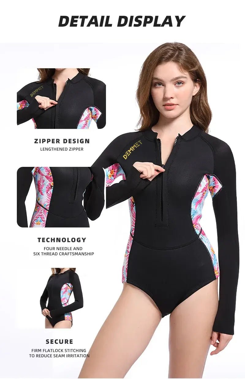 HOT Woman Diving Bikin Suit 1.5mm/3MM Neoprene Wetsuit Equipment Pink Long Sleeve Bikini Women Korean Printing Swimwear 2XL - Real Group