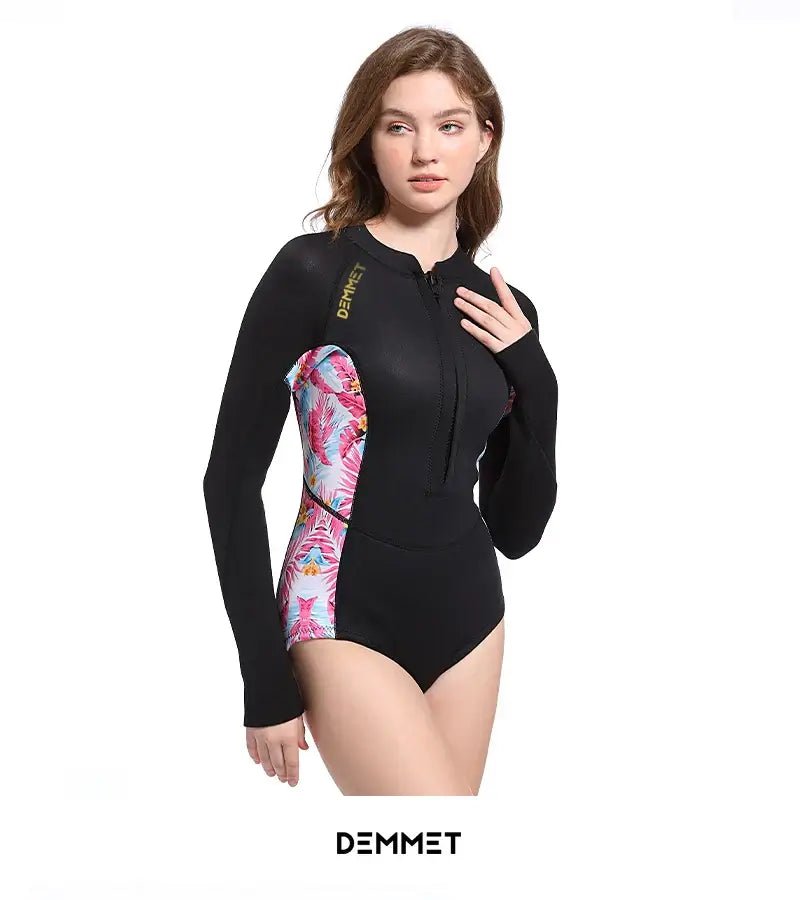 HOT Woman Diving Bikin Suit 1.5mm/3MM Neoprene Wetsuit Equipment Pink Long Sleeve Bikini Women Korean Printing Swimwear 2XL - Real Group