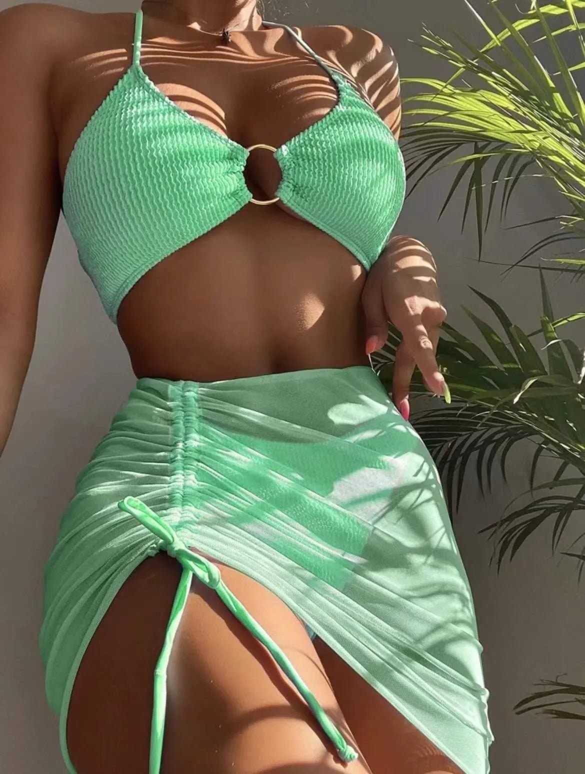 New High Elastic Bikini Set for 2024 Summer Three - piece Solid Color Lace - up Sexy Women Swimsuit Beach Bathing Suit Swimwear - Real Group