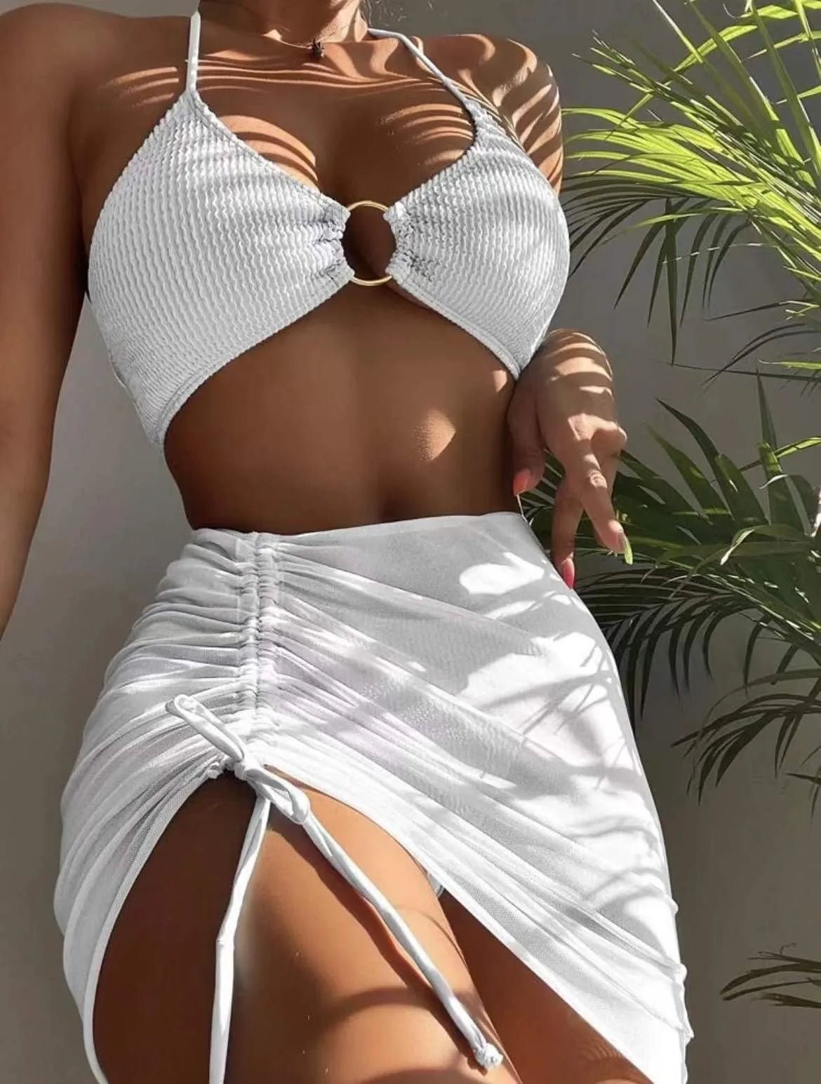 New High Elastic Bikini Set for 2024 Summer Three - piece Solid Color Lace - up Sexy Women Swimsuit Beach Bathing Suit Swimwear - Real Group