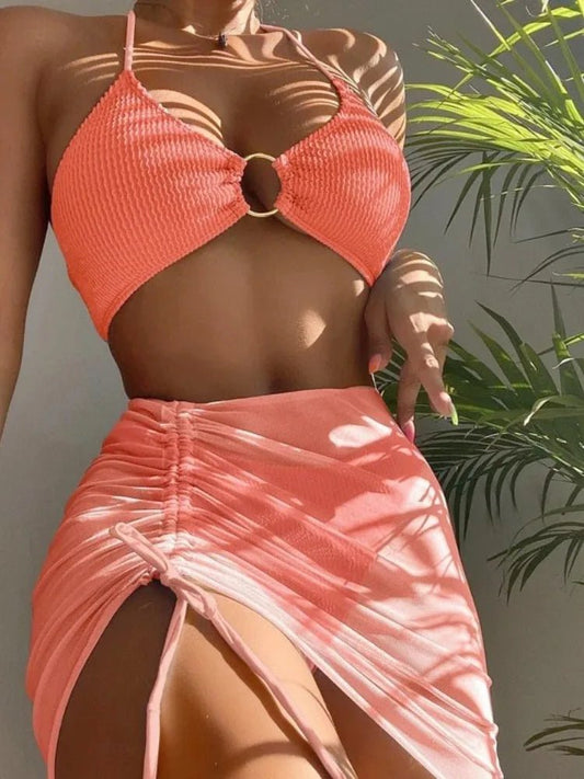 New High Elastic Bikini Set for 2024 Summer Three - piece Solid Color Lace - up Sexy Women Swimsuit Beach Bathing Suit Swimwear - Real Group