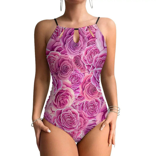 Roses Floral Swimsuit Sexy Pink Flowers Print Ladies Swimwear One Piece Elegant Bodysuit Surfing Push Up Halter Bathing Suits - Real Group