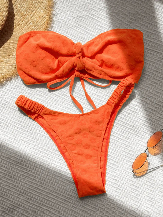 Sexy Bandeau Bikini 2024 Women Front Tie Orange White Push Up Micro Swimsuit Brazilian Cutout Bathing Suit Pleate Thong Swimwear - Real Group