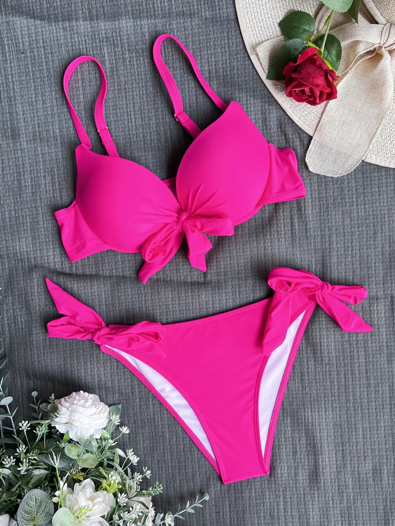 sexy front bow knot push up bikinis two pieces solid swimsuit tie bikini swimsuit Swimwear Biquini conjunto de bikini tankini - Real Group