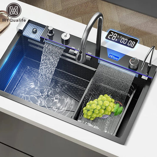 Stainless Steel Waterfall Kitchen Sink Large Single Slot Integrated Digital Display Faucet Set Soap Dispenser Cup Washer - Real Group